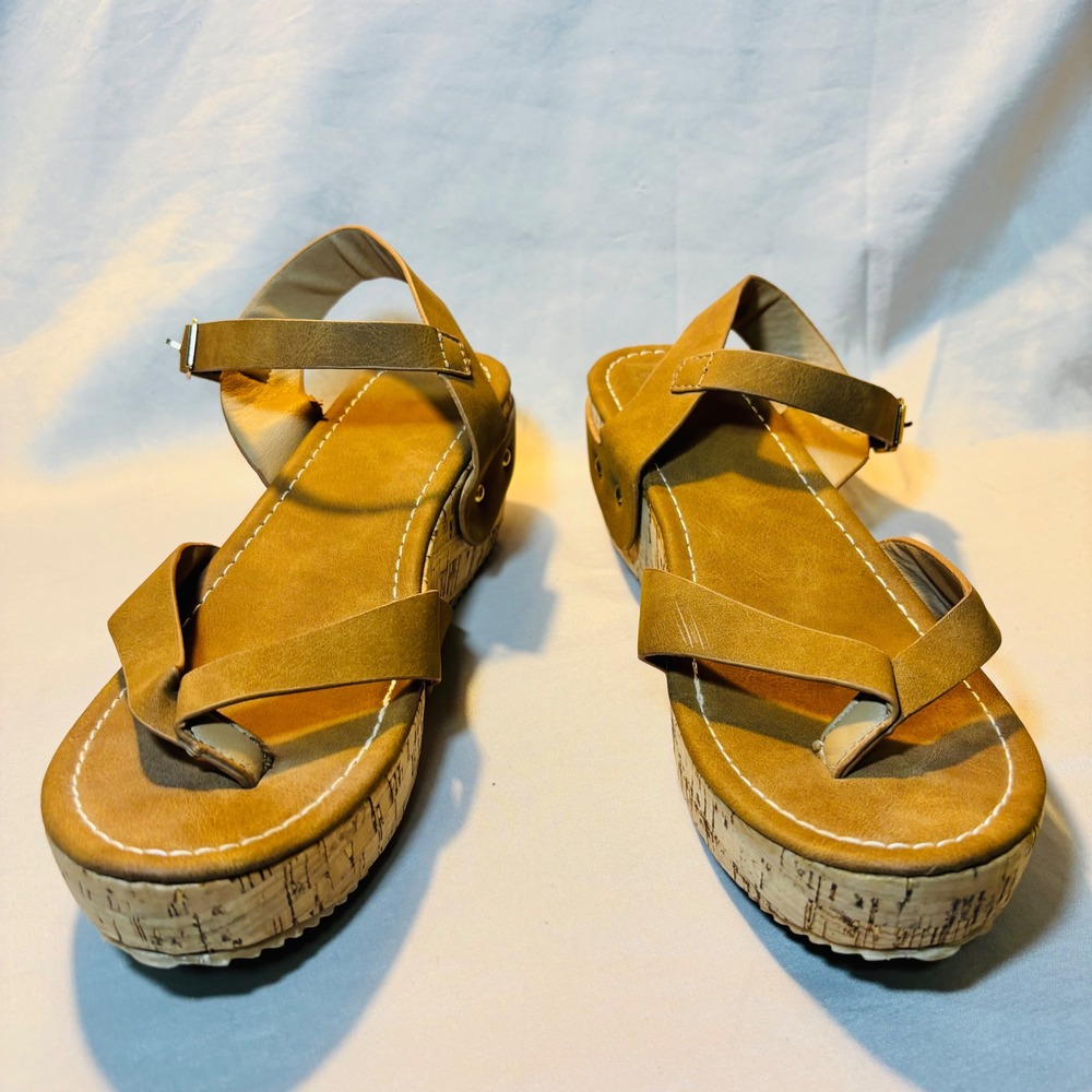 Boho Cork Platform Wedge Thong Sandals Brown Studded Size 41